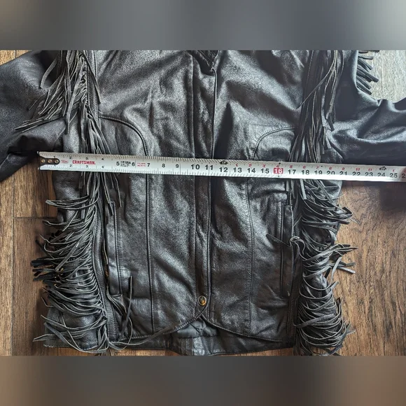 Harley Davidson Women Large MIRAGE Black Leather Fringe Jacket w/ Metal Emblem